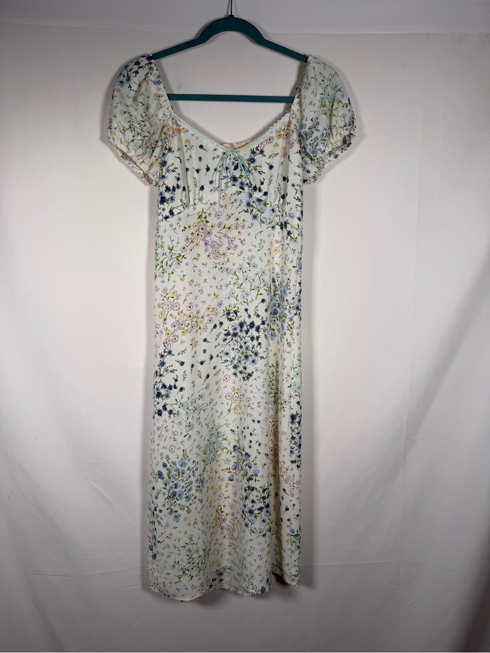 Cottagecore Ivory Floral Puff Sleeve Babydoll Midi Dress Feminine